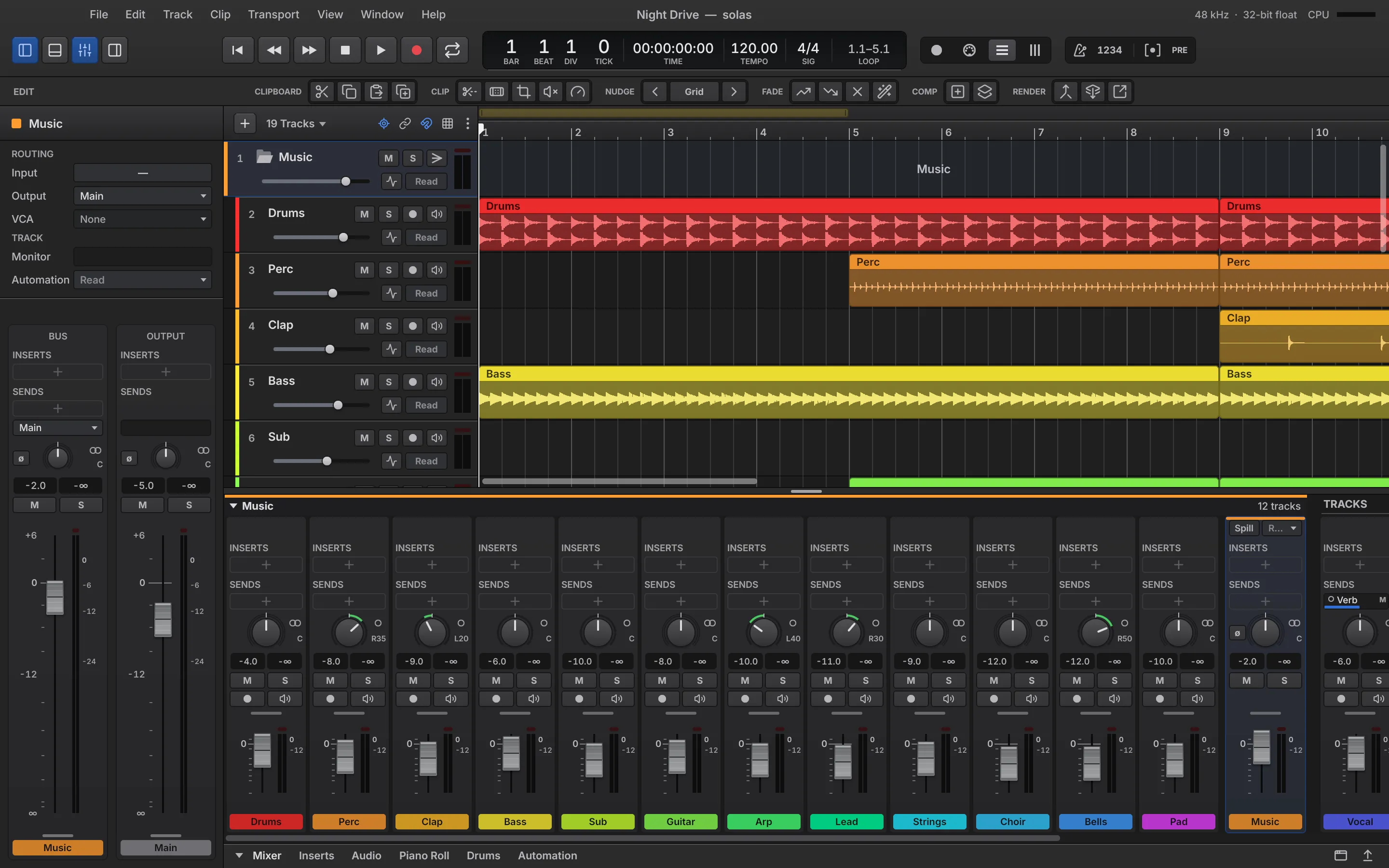 The Solas mixer with a channel strip for each track, showing inserts, sends, pan, levels and colored name tags.